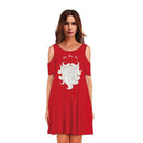 Women Christmas Pattern Cool Shoulder Casual Red Dress