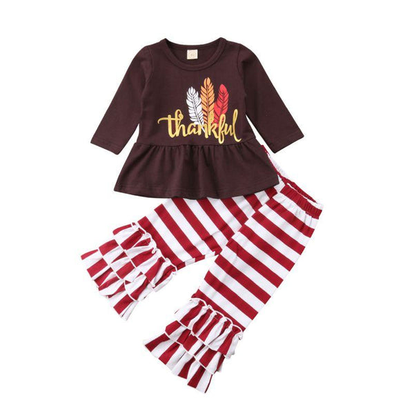 2 Pcs Baby Girl Thanksgiving Day Feather Print Long Sleeves Tops And Pants
