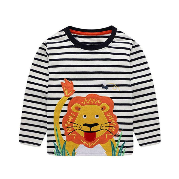 Boys Cotton Stripe Cartoon Lion Print Round Neck T-shirts