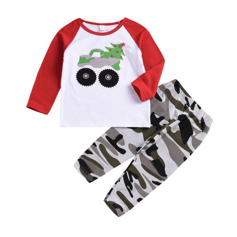 2 Pcs Set Baby Boys Cotton Christmas Tree Print T-shirts And Camouflage Print Pants