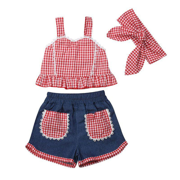 Fashion Girl  3 Pcs Set Red Plaid Print Vests And Pocket Design Shorts With Headband