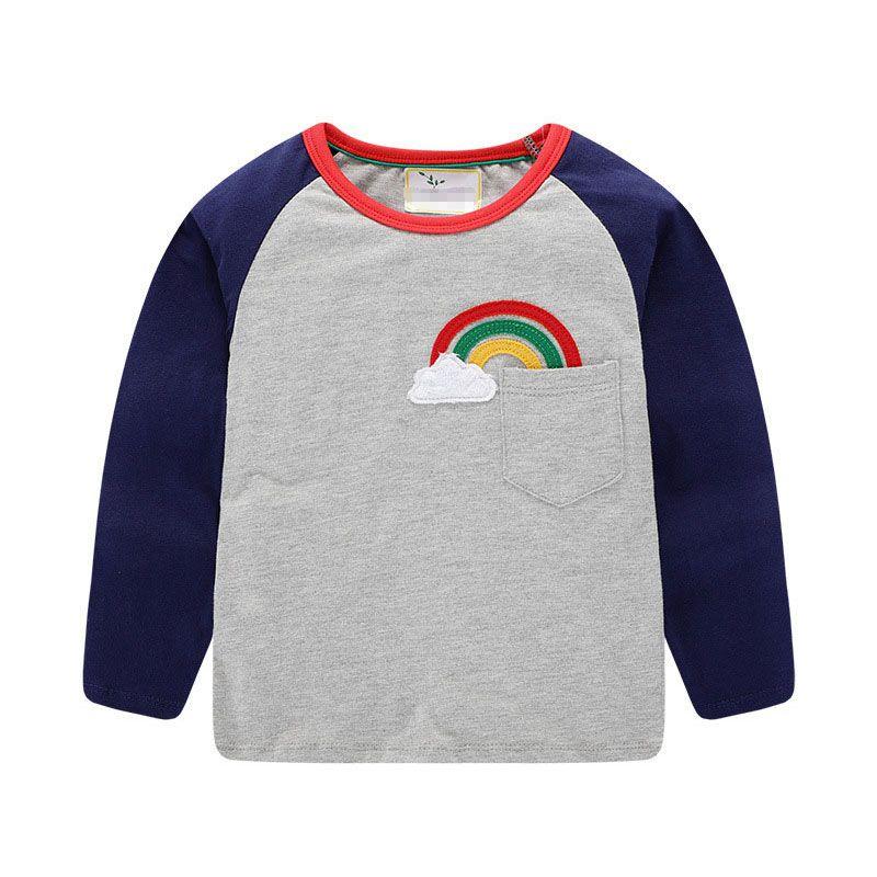 Boy Rainbow Print Pocket Design Patchwork Long Sleeves T-shirts