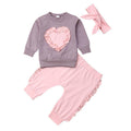 Baby Girl 3 Pcs Set Heart Pattern Long Sleeves Tops And Pants With Headband