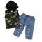 2 Pcs Set Boys Cotton Camouflage Print Sleeveless Hooded Tops And Ripped Jeans