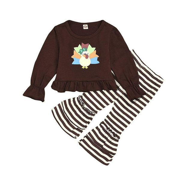 2 Pcs Set Thanksgiving Day Baby Girl Turkey Print T-shirts And Stripe Pants