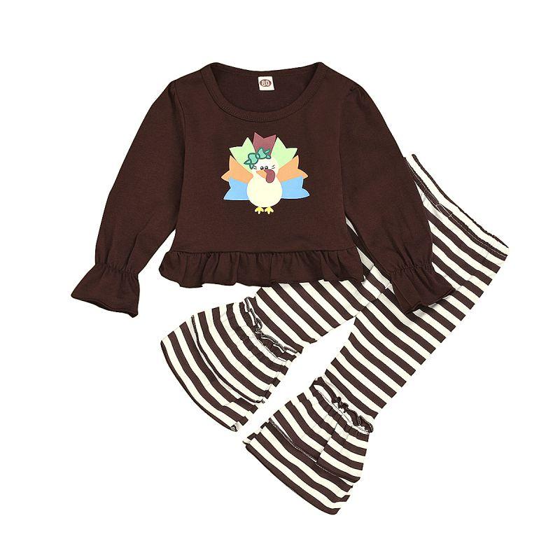 2 Pcs Set Thanksgiving Day Baby Girl Turkey Print T-shirts And Stripe Pants