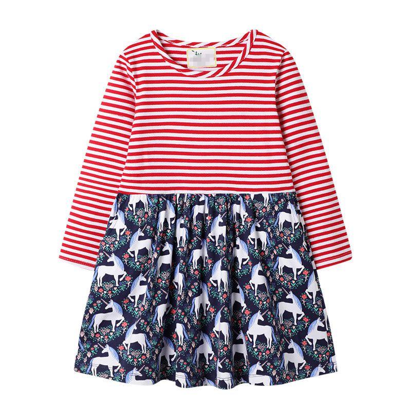 Girl Cotton Patchwork Stripe Unicorn Print Long Sleeves Dress