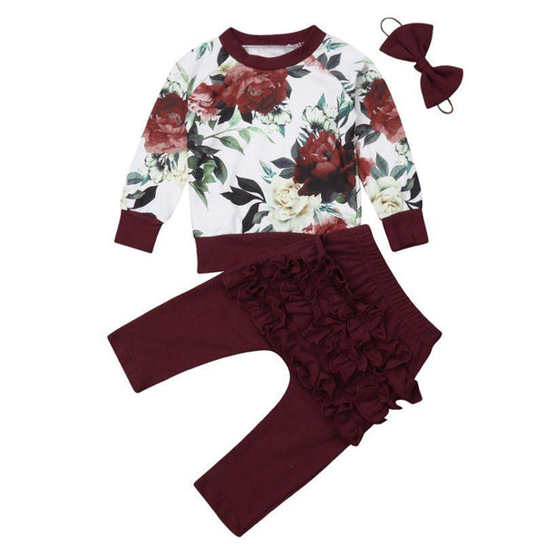 3 Pcs Set Baby Girl Bright Flower Print Round Neck Tops And Ruffle Design Pants With Headband