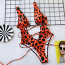 Women Sexy Hollow Lace-up Leopard Print One-piece Swimwear