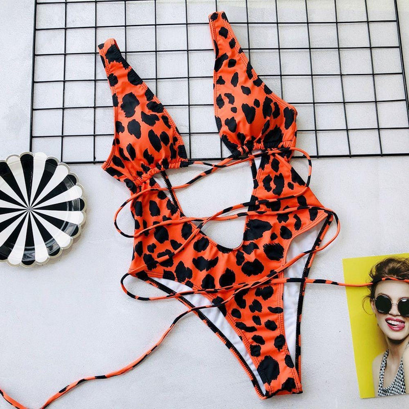 Women Sexy Hollow Lace-up Leopard Print One-piece Swimwear