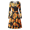 Hot Sale Women Round Collar Long-sleeve Pumpkin Print Halloween Dress