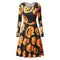 Hot Sale Women Round Collar Long-sleeve Pumpkin Print Halloween Dress