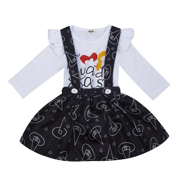 2 Pcs Set Halloween Baby Girl Letter Print Bodysuits And Hat Print Overalls Skirts