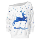 Women Oblique Shoulder Elk Print Christmas Sweatshirt