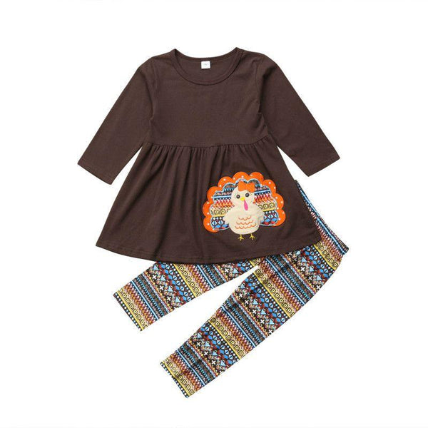 2 Pieces Set Girl Thanksgiving Day Turkey Print Long Sleeves Tops And Pants