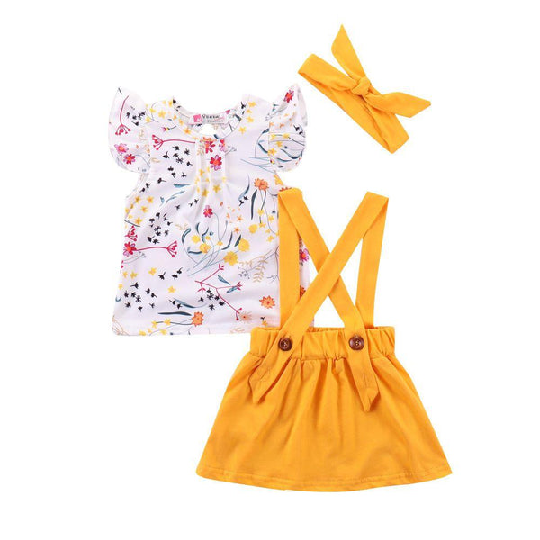 3 Pieces Set Girl Fresh Flower Print Ruffle Sleeves Tops And Yellow Overalls With Headband