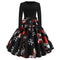 Elegant Women Round Collar Long-sleeve Bowknot Decor Defined Waist Christmas Swing Dress