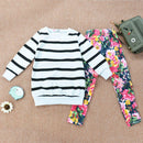 2 Pieces Set Girl Stripes Print Long Sleeves Tops And Floral Print Pants