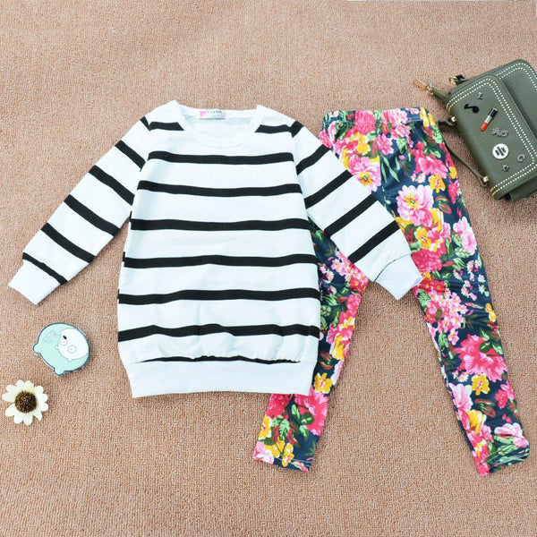 2 Pieces Set Girl Stripes Print Long Sleeves Tops And Floral Print Pants