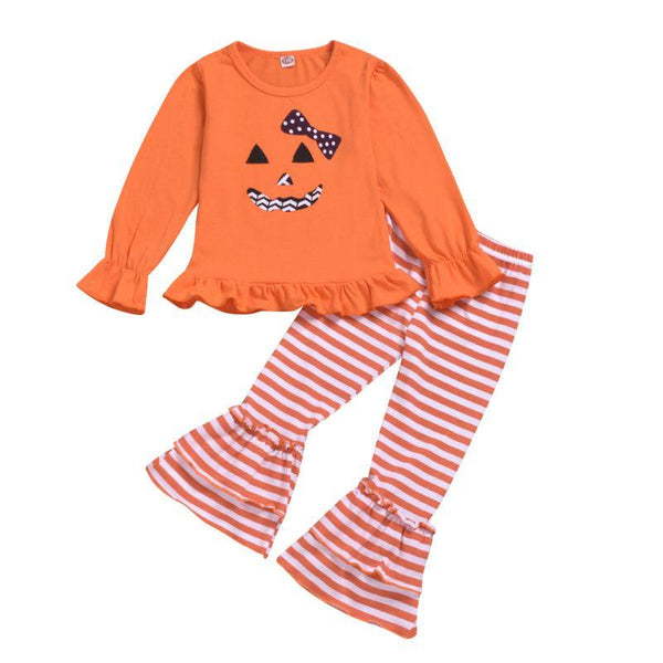 2 Piece Set Halloween Baby Girl Funny Face Print Tops And Pants