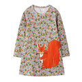 Girl Cotton Squirrel Floral Print Long Sleeves Dress