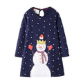 Girl Cotton Snowman Design Long Sleeves Dress