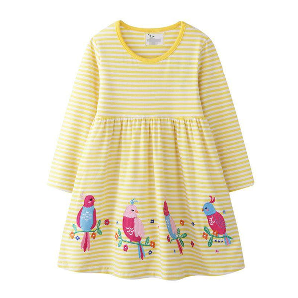 Girl Cotton Yellow Stripes Bird Print Long Sleeves Dress