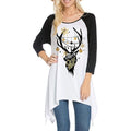 Women Fashion Irregular Hemline Round Collar Long-sleeve Elk Print T-shirt