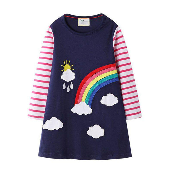 Girl Rainbow Sun Cloud Print Long Sleeves Dress
