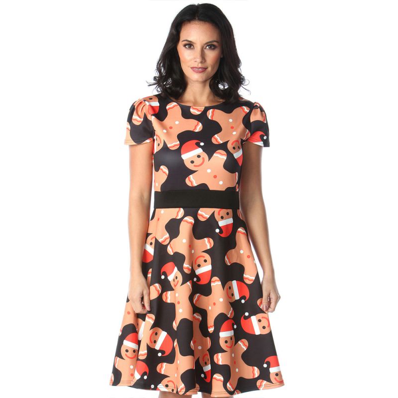 Hot Sale Women Round Collar Short-sleeve Defined Waist Christmas Print Dress