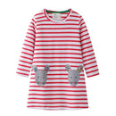 Hot Sale Girl Cotton Mouse Stripe Print Long Sleeves Dress