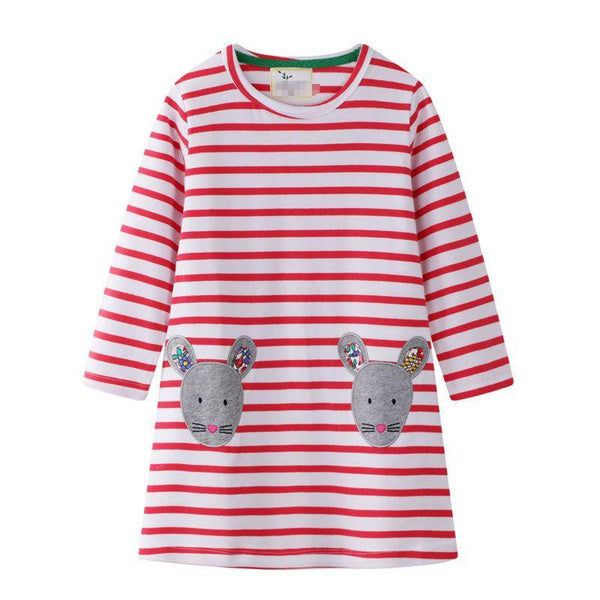 Hot Sale Girl Cotton Mouse Stripe Print Long Sleeves Dress