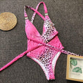 Women Sexy Rhinestone Decor Lace-up Pink Leopard Print One-piece Swimwear