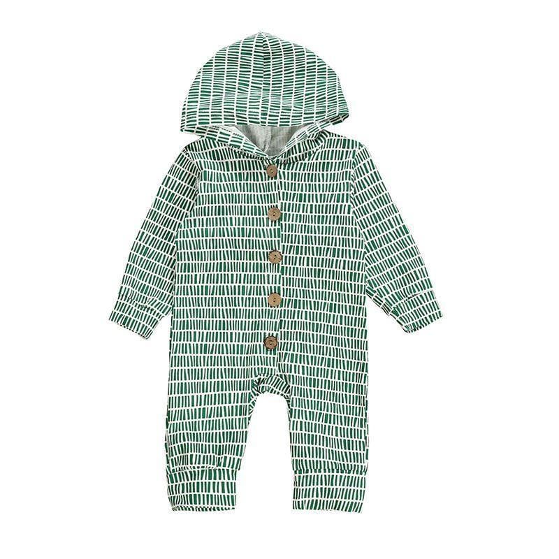 One Piece Baby Infant Cotton Green Print Button Hooded Jumpsuit