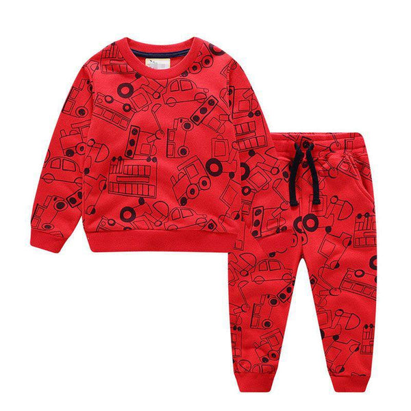 2 Pcs Set Boys Cotton Car Print Red Sweatshirt And Pant