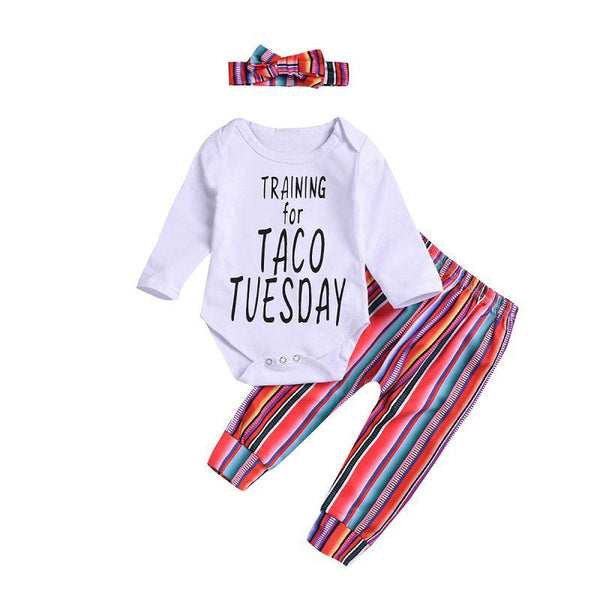 3 Pcs Set Girl Cotton Letter Print Long Sleeves Bodysuit And Rainbow Color Pant With Headband
