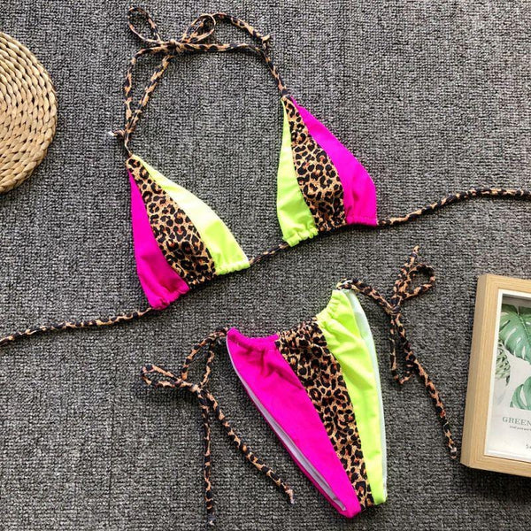 Women Sexy Leopard Print Patchwork Design Two-pieces Bikini Swimwear