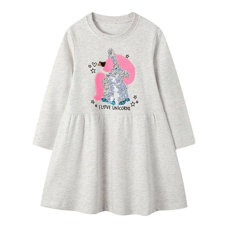 Casual Girl Sequin Unicorn Pattern Long Sleeves Frey Dress