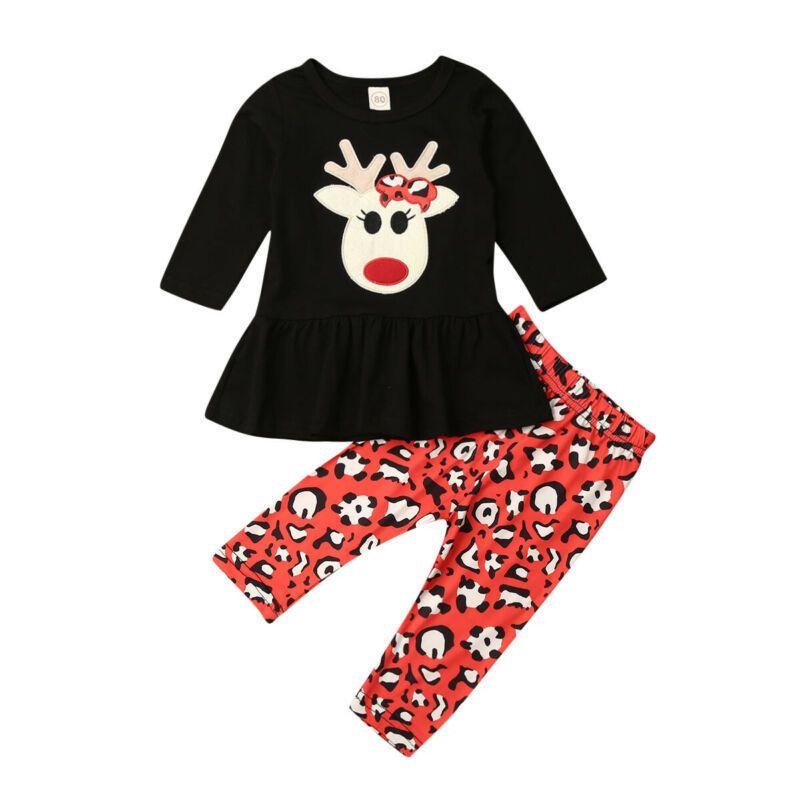 2 Pcs Set Baby Girl Christmas Elk Print Long Sleeves Patchwork Tops And Leopard Pant