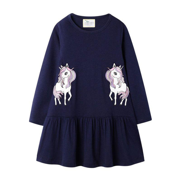 Girl Cotton Lovely Unicorn Print Long Sleeves Dress