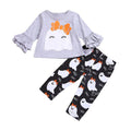 2 Pcs Set Baby Girl Cotton Ghost Print Flare Sleeves Tops And Casual Pants