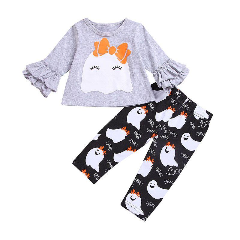 2 Pcs Set Baby Girl Cotton Ghost Print Flare Sleeves Tops And Casual Pants