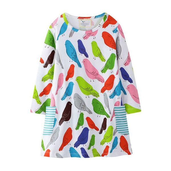 New Arrival Girl Cotton Multicolor Bird Print Casual Dress