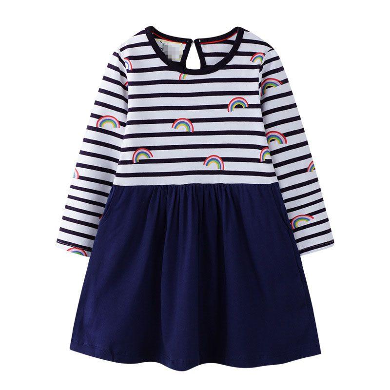 Girl Cotton Patchwork Strip Rainbow Print Round Neck Dress