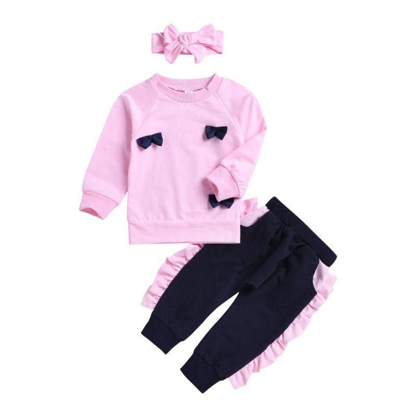 3 Pcs Set Baby Girl Cute Bowknot Design Long Sleeves Tops And Pant With Headband