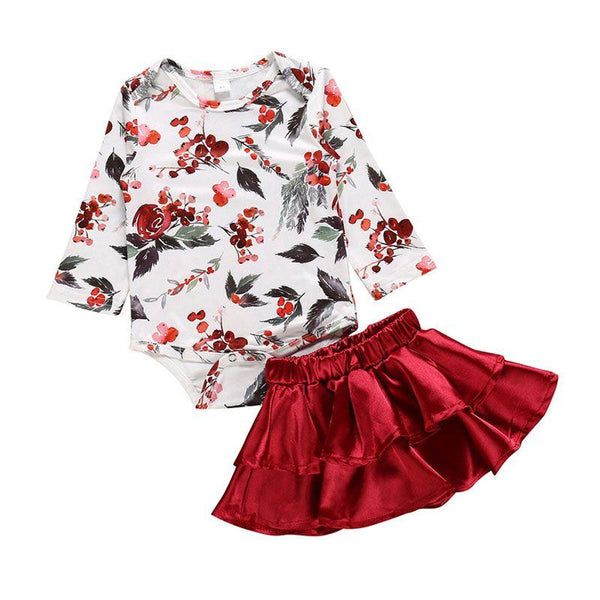 2 Pcs Set Baby Girl Fresh Flower Print Long Sleeves Bodysuit And Skirt