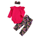 3 Pcs Set Baby Girl Solid Color Long Sleeves Bodysuit And Floral Print Pant With Headband