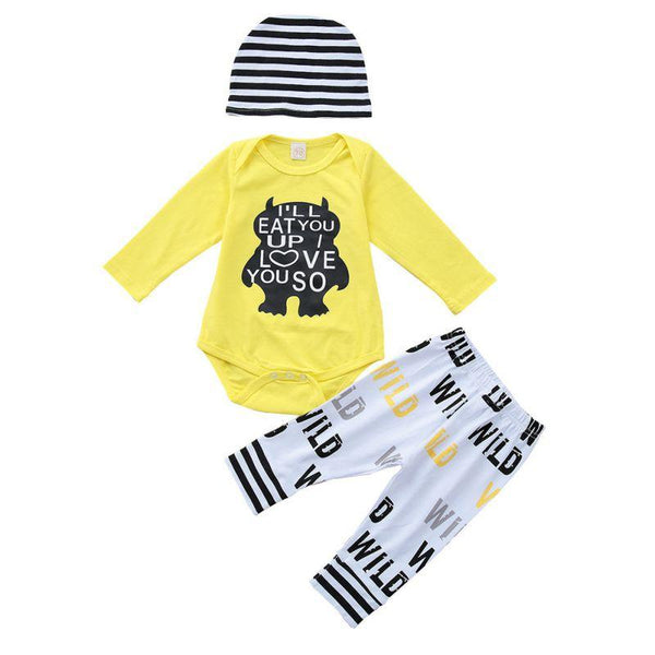 3 Pcs Set Baby Boy Cute Little Monsters Print Long Sleeves Bodysuit And Pant And Hat