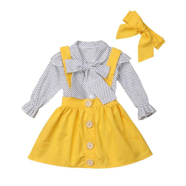 3 Pcs Set Lovely Girl Dot Print Bowknot Design Blouse And Yellow Skirt Overall And Headband