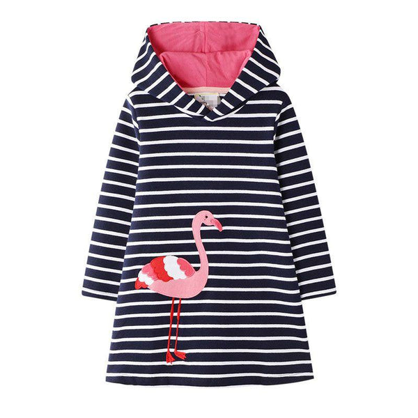 Hot Sale Girl Flamingo Print Long Sleeves Hooded Dress